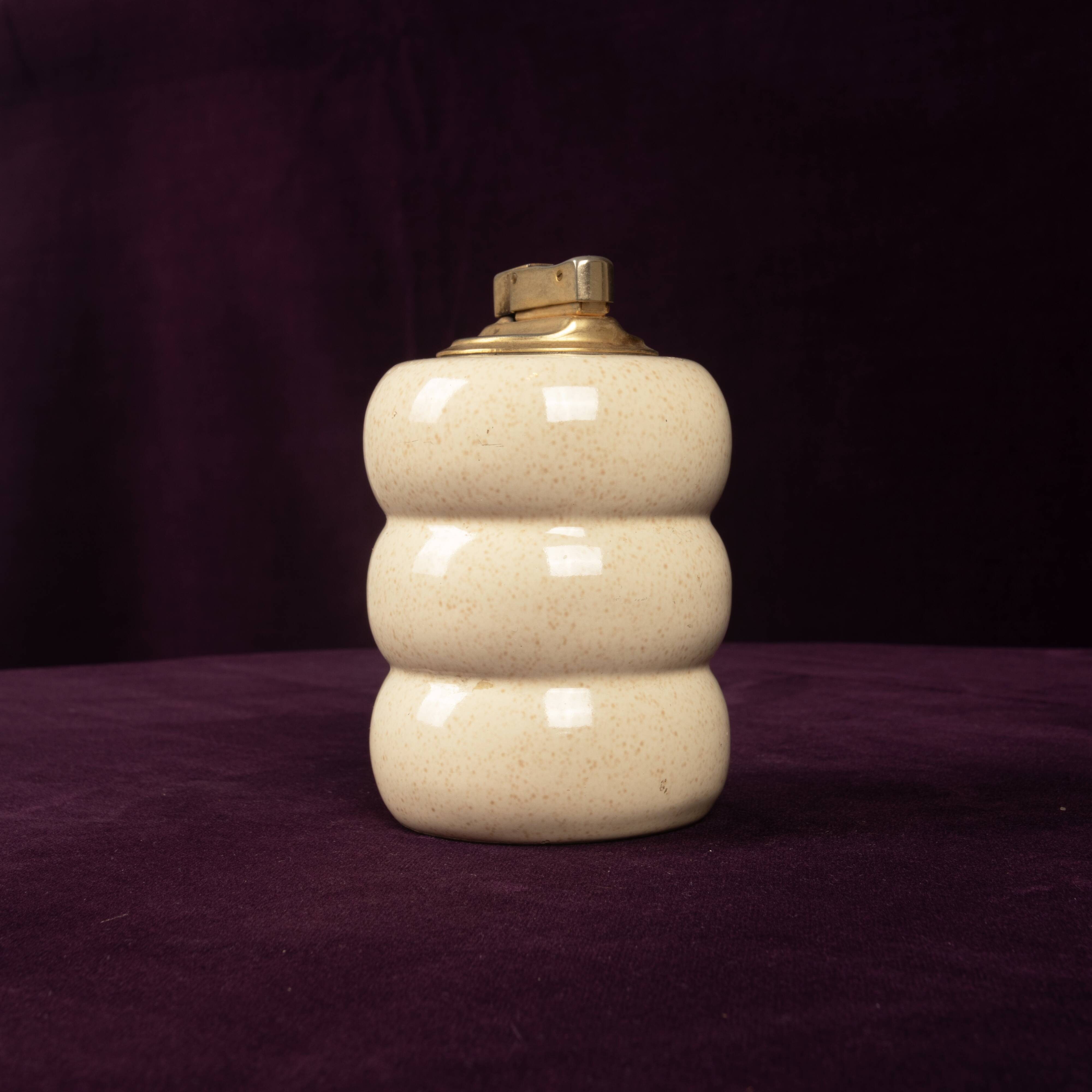 Tommaso Barbi Cream Speckled Ceramic and Brass Table Lighter 1970