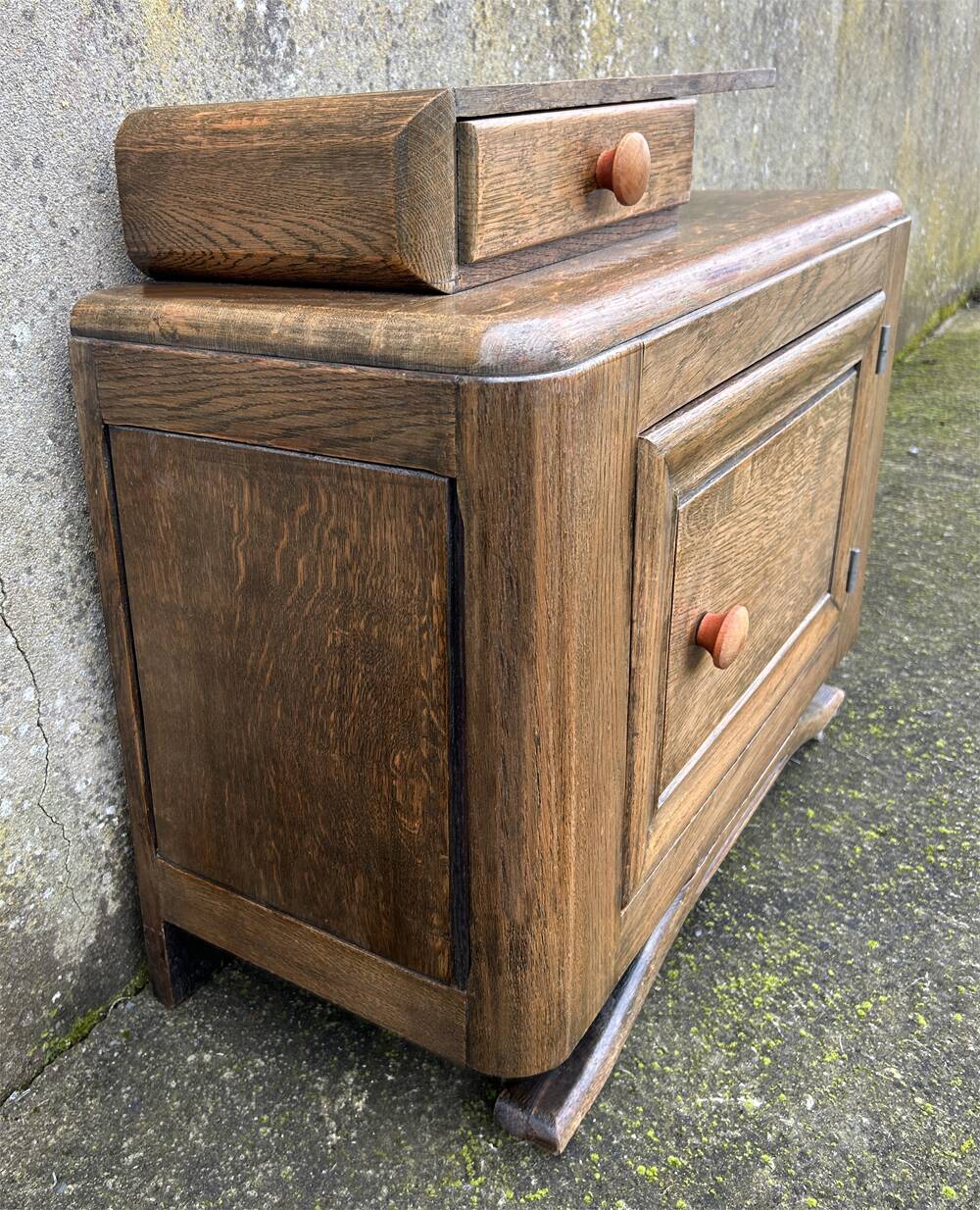 Art Deco bedside table, oak, moustache legs, 1930s