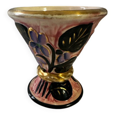 Petit vase conique vintage Vallauris atelier JTF décor Floral