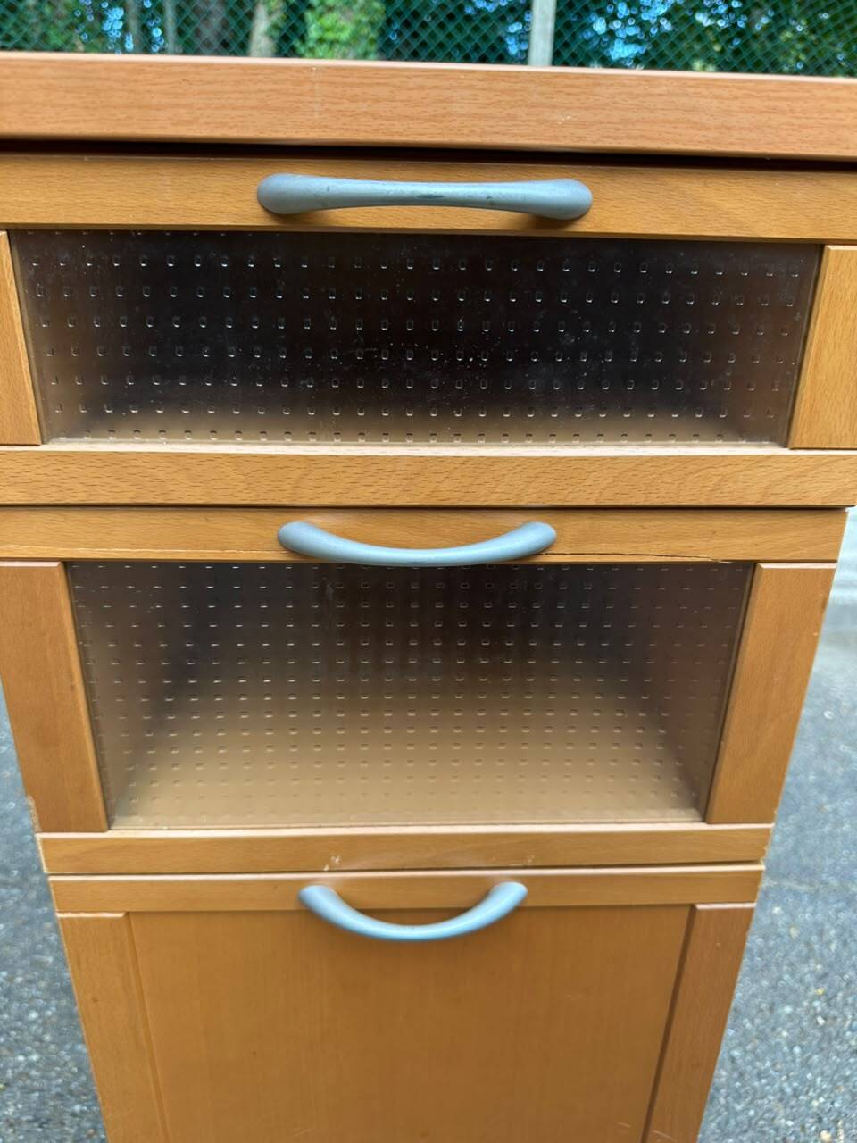 IKEA 1990 wood and frosted glass chest of drawers.