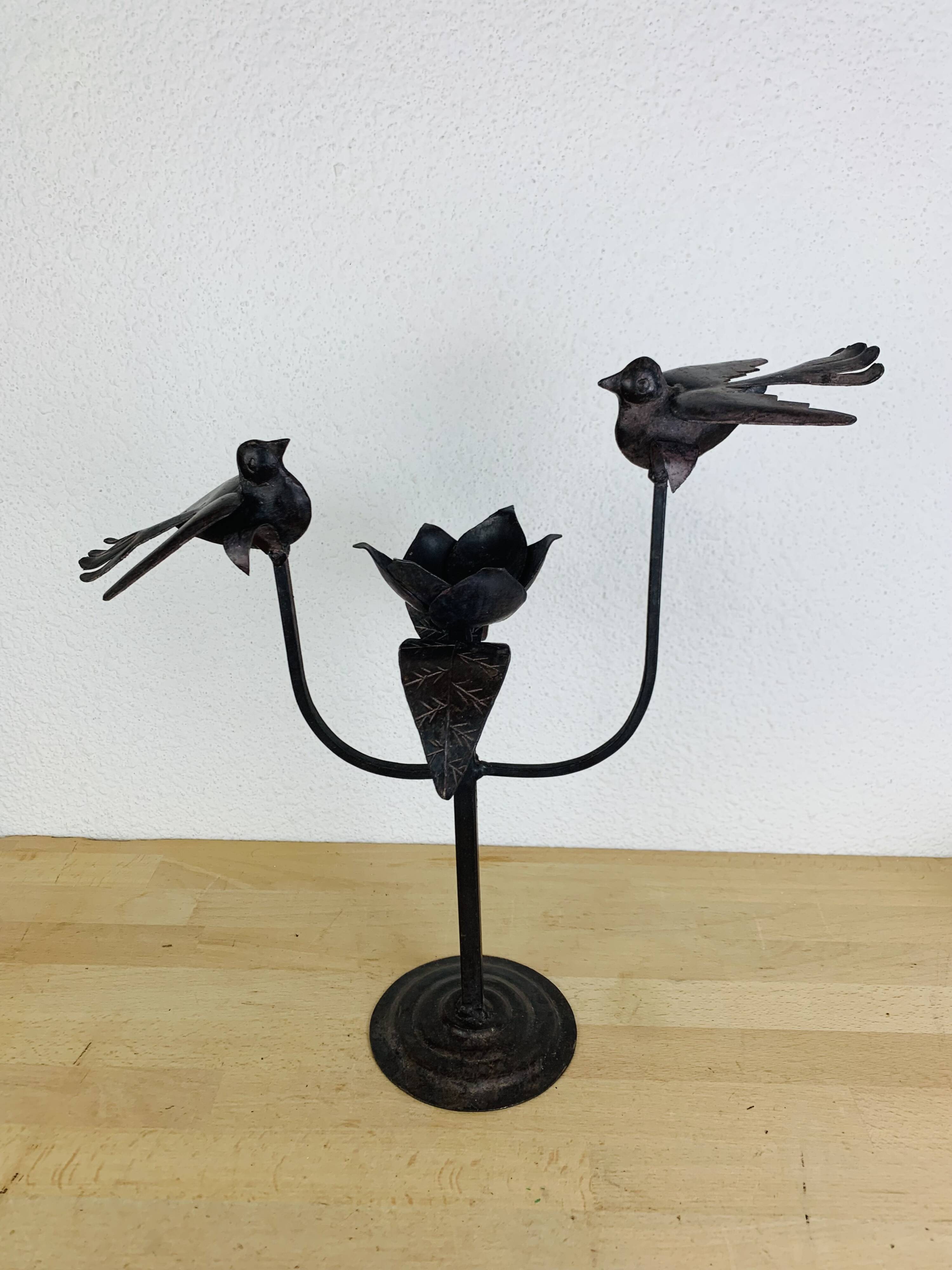 Brutalist wrought iron candle holder with birds