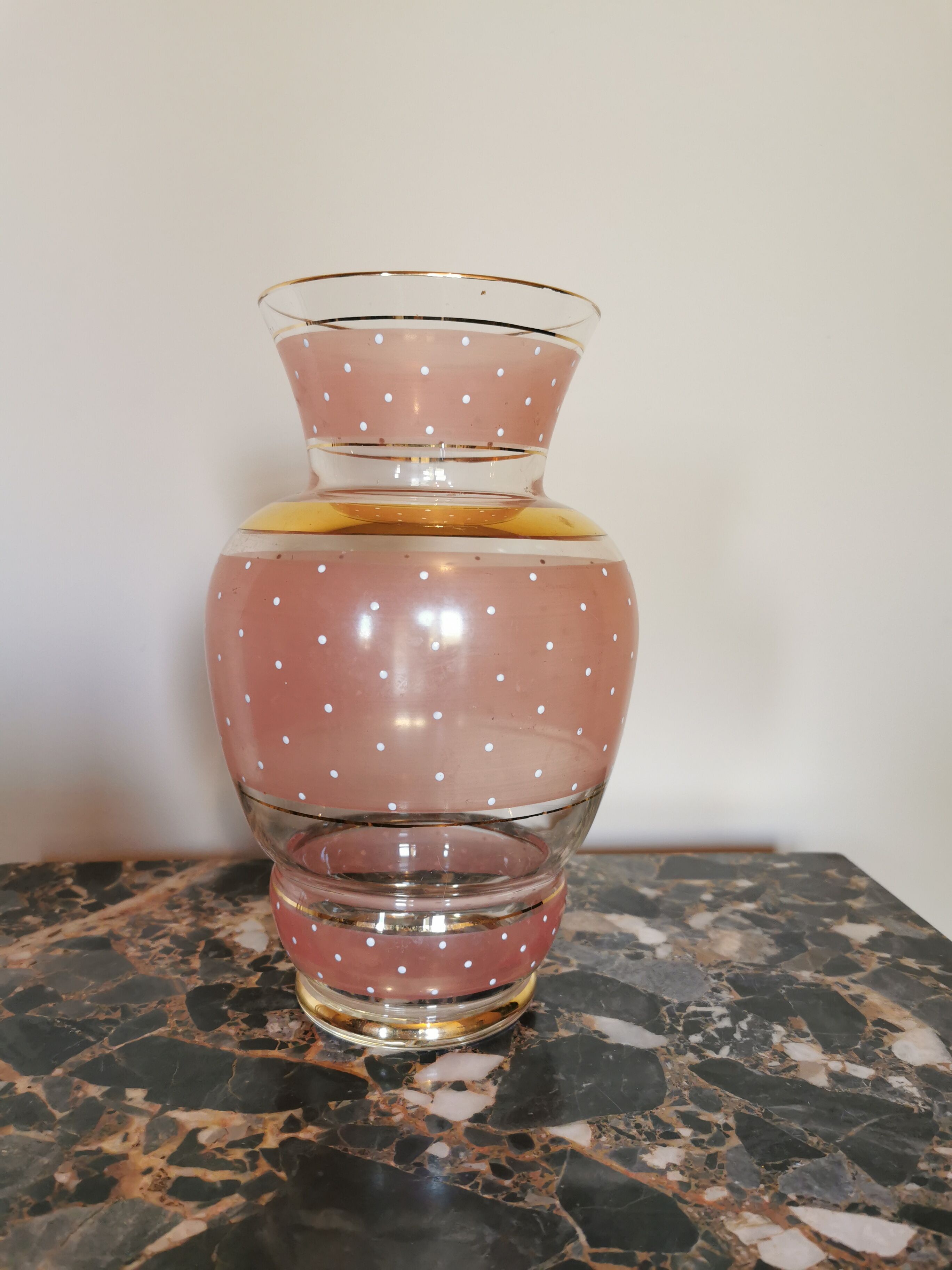 Pink vintage vase, gilded and white plumetis