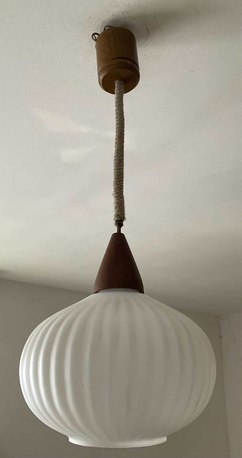 Louis Kalff pendant light in opaline and teak from the 1960s