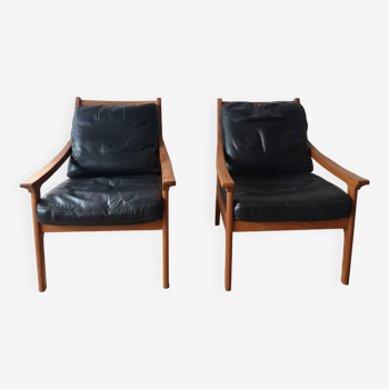 Pair of Scandinavian vintage teak and black leather armchairs