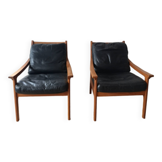 Pair of Scandinavian vintage teak and black leather armchairs