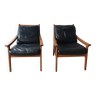Pair of Scandinavian vintage teak and black leather armchairs