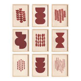 Collection of 9 abstract burgundy red paintings signed Eawy