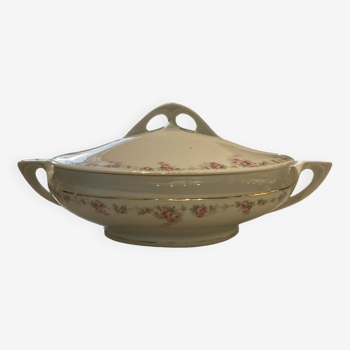 Vegetable soup tureen in white porcelain and pink flower edging