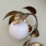 Vintage lamp with leaves in gilded brass and white opaline globe