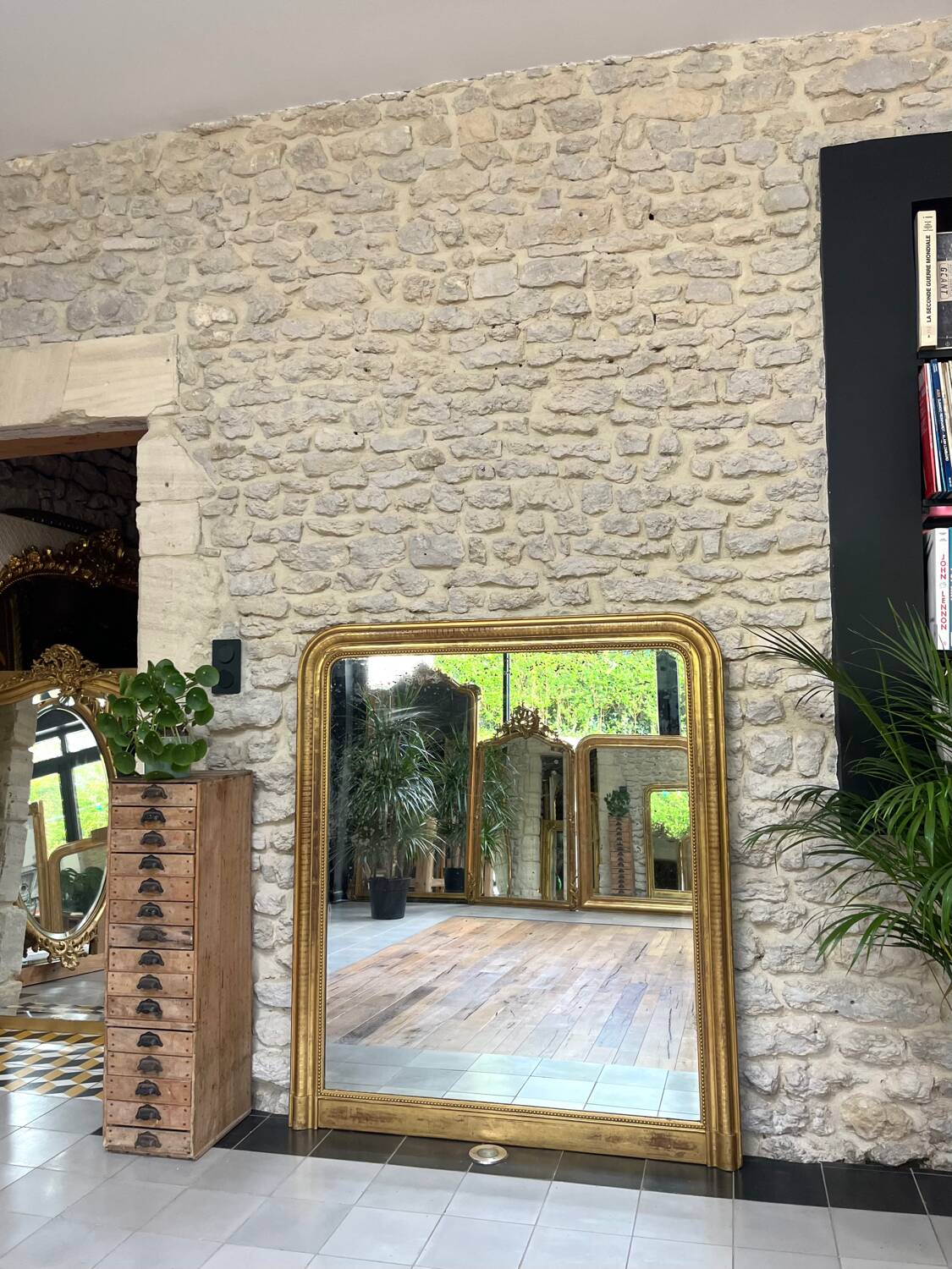 Louis-Philippe mantel mirror 133cm/115.5cm beaded gilded with gold leaf geometric decoration, late 19th century, heavily pitted and scratched glass, parquet on the back.