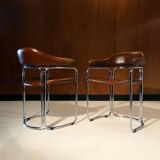 Pair of vintage armchairs, cognac leather and chrome steel 1970
