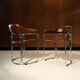 Pair of vintage armchairs, cognac leather and chrome steel 1970