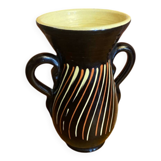 Vase with dwarf handles, black ceramic, vintage decor