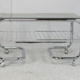 "Space age" coffee table, tubular steel, smoked glass, France, 1970s