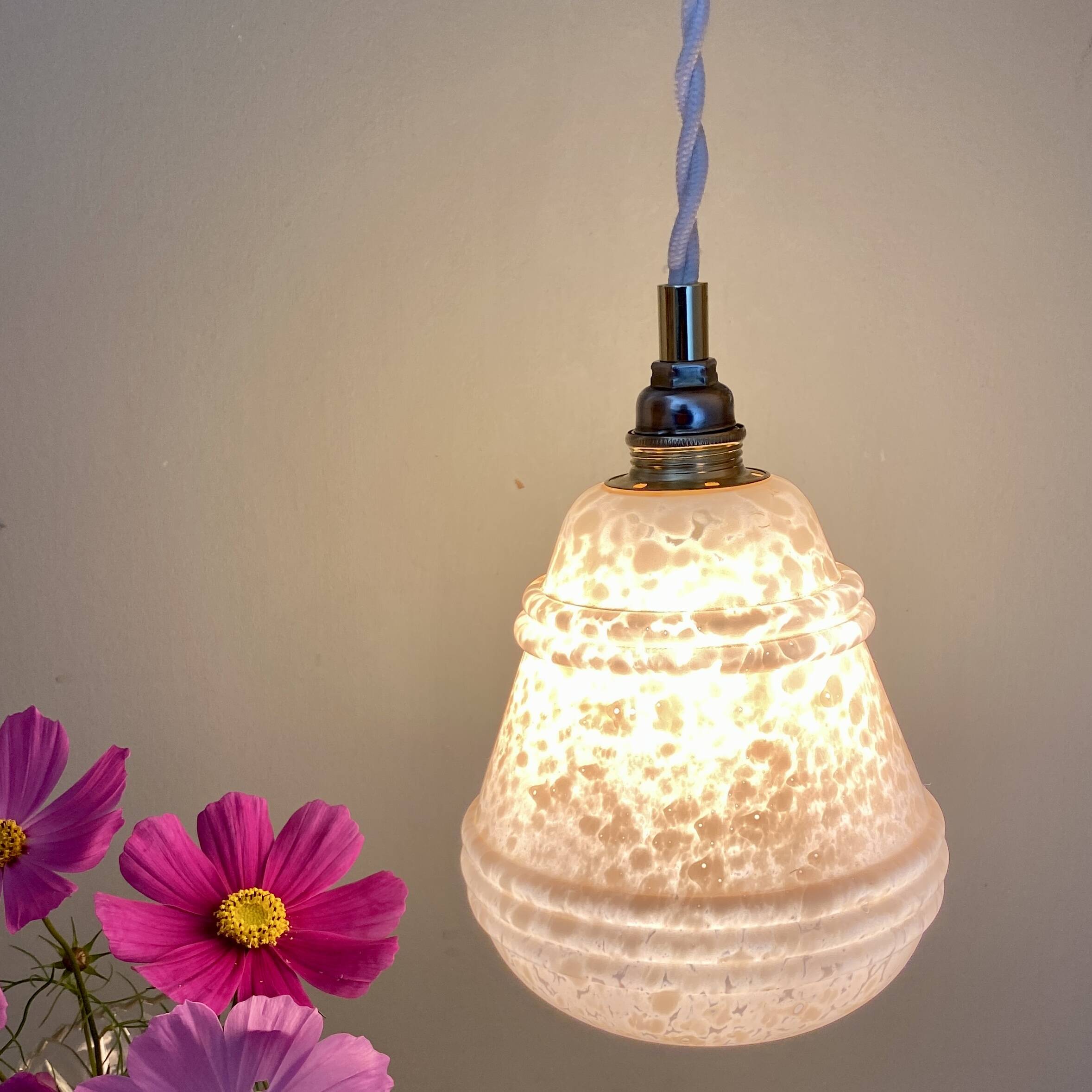 Vintage tulip pendant light in pink Clichy glass