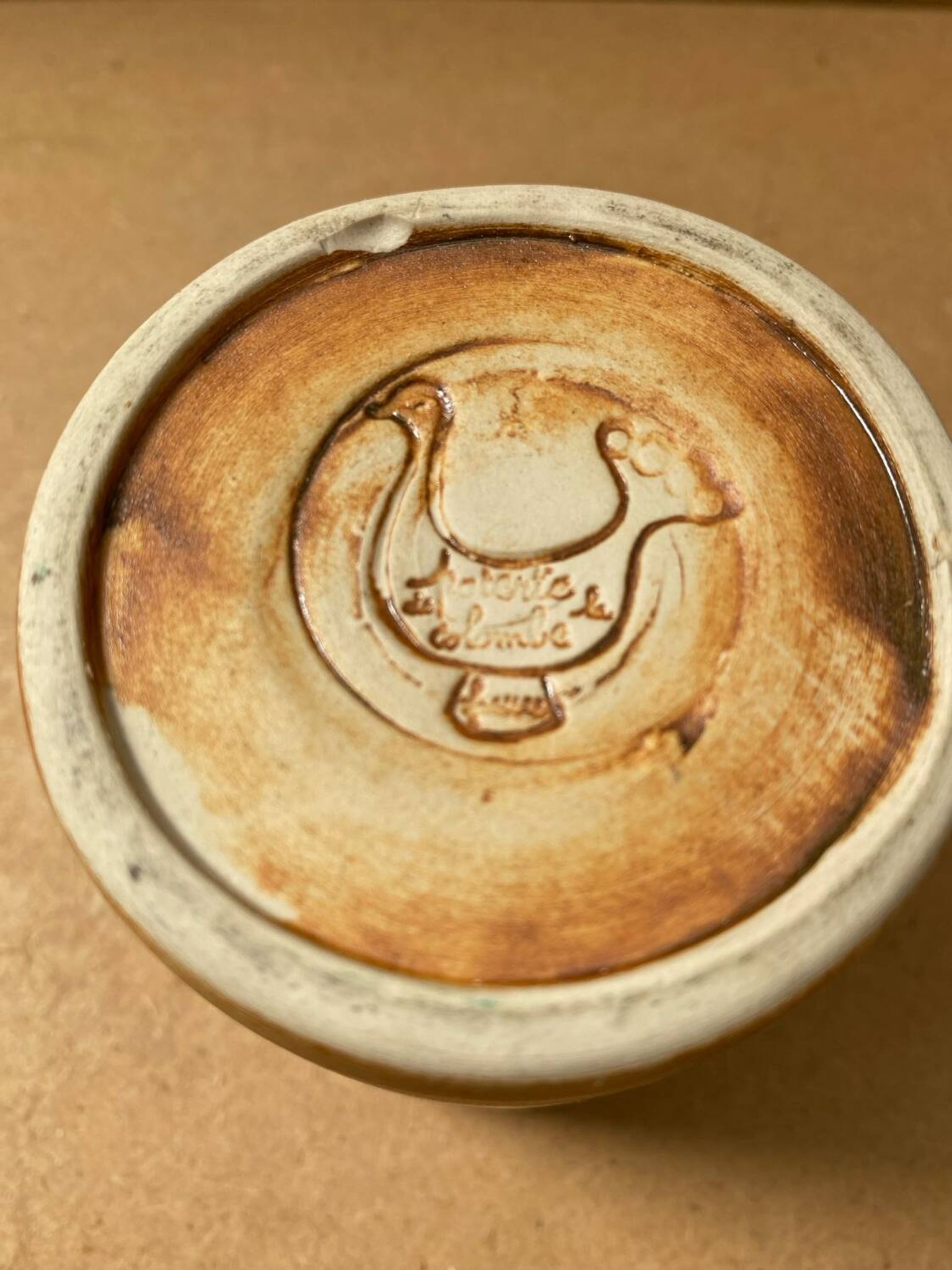 Ancien Pot Tasse Poterie De La Colombe Grès Beige Marron Vintage