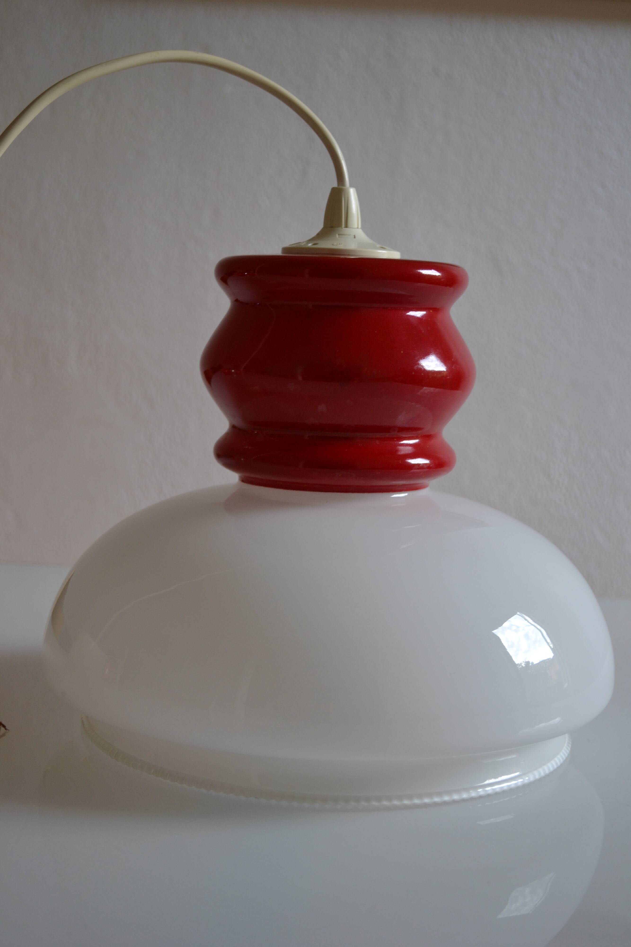 White and red opaline glass chandelier vintage 1970 space age