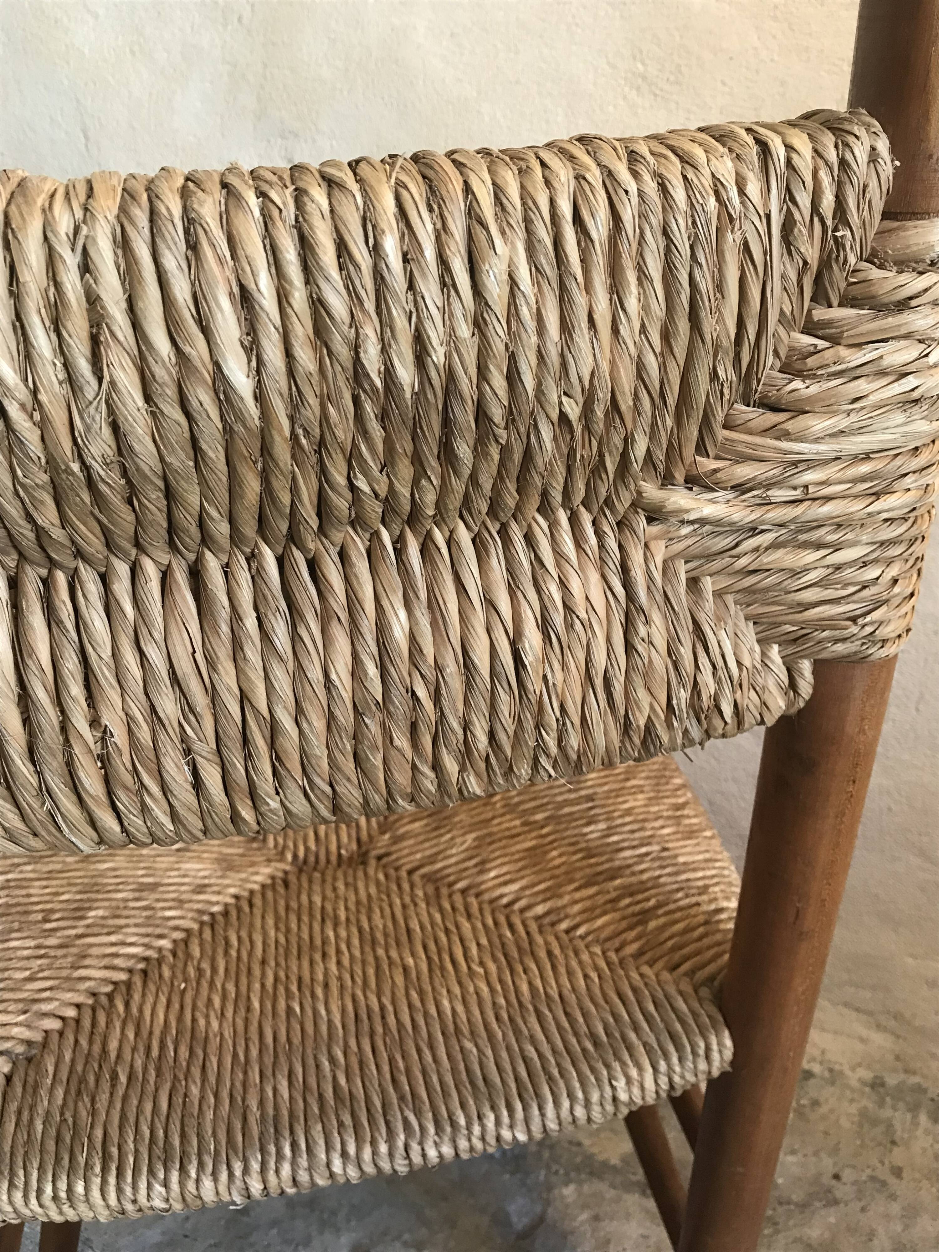 Brutalist vintage beech chair and mid-century straw