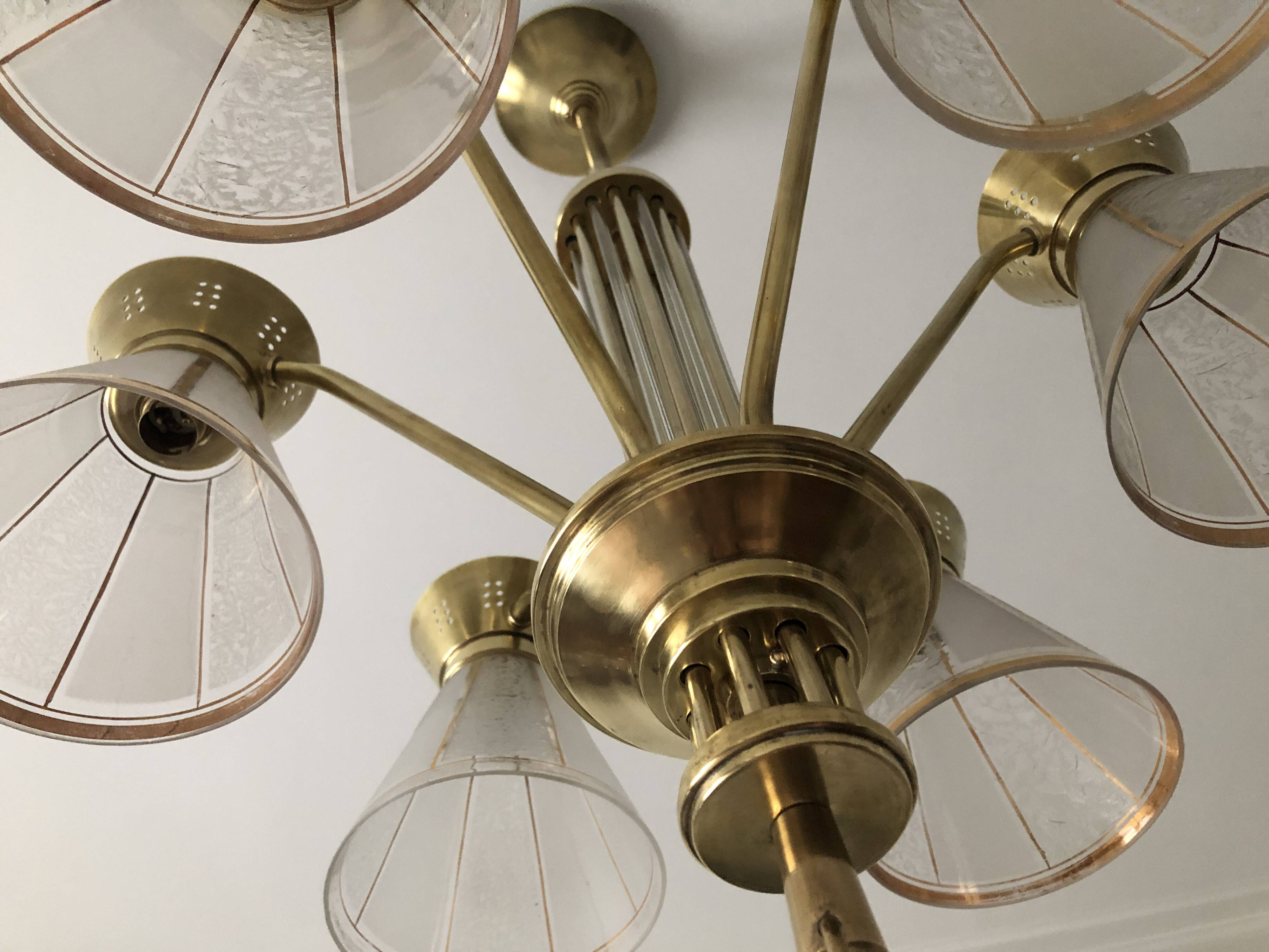 1950s six-branch brass and glass chandelier