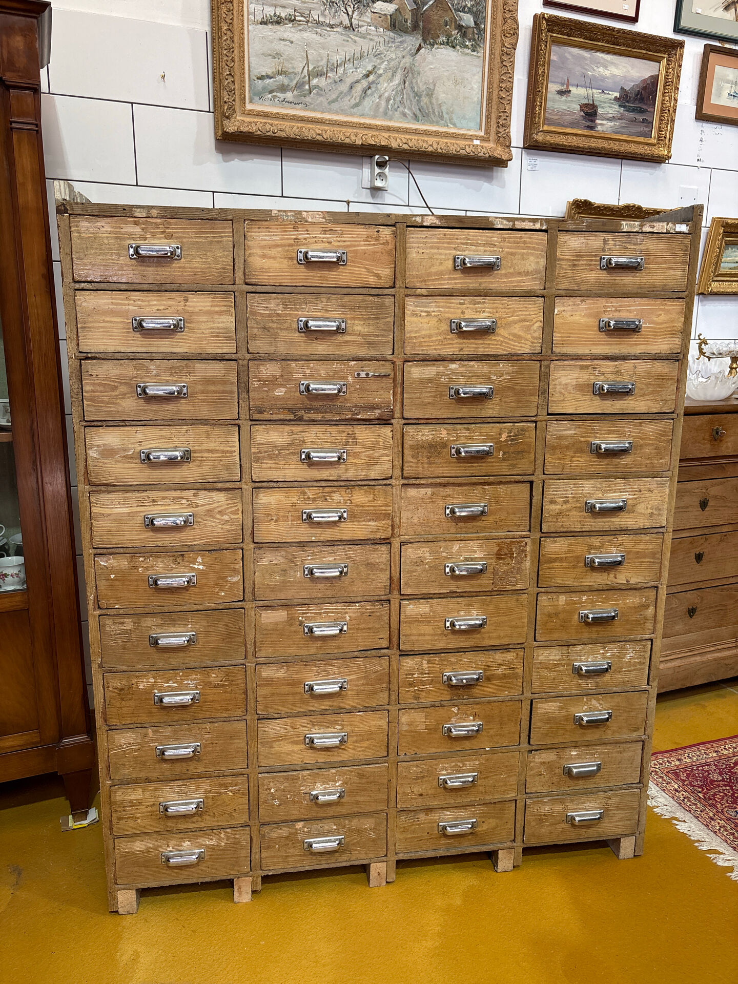Large antique workshop cabinet with 44 drawers – patinated wood