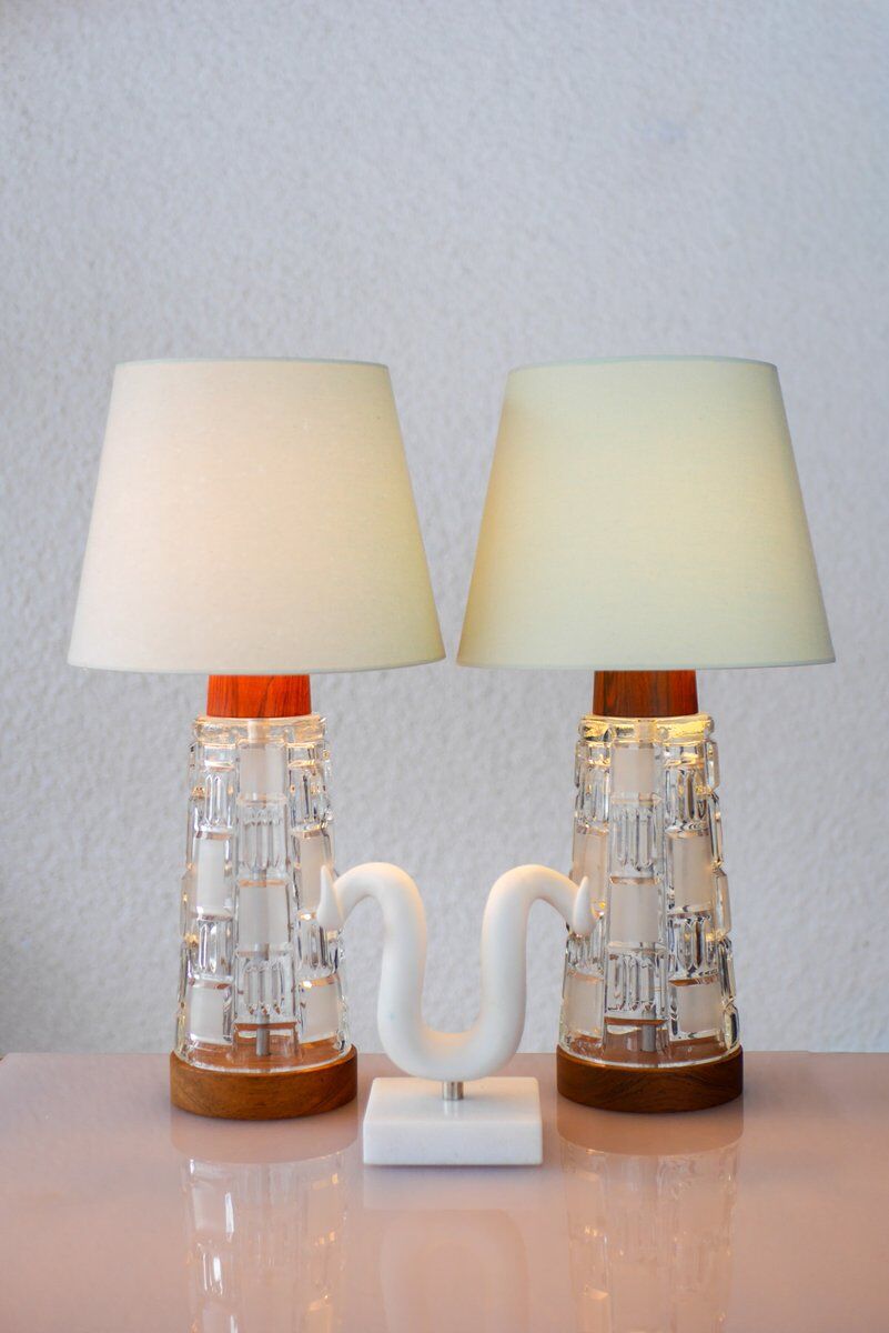 Mid-century modern Scandinavian teak and glass table lamps, set of 2