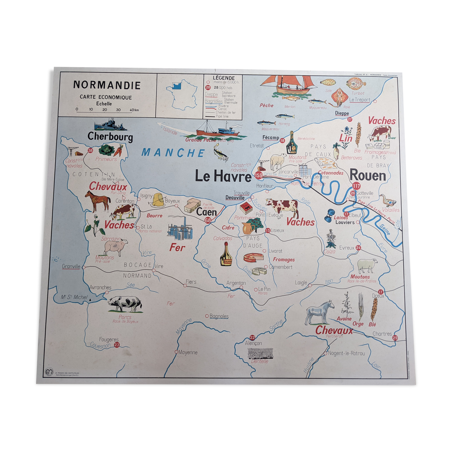 Old vintage school poster Normandy Paris basin