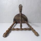 vintage half-moon tripod stool in turned solid wood with beaded edges