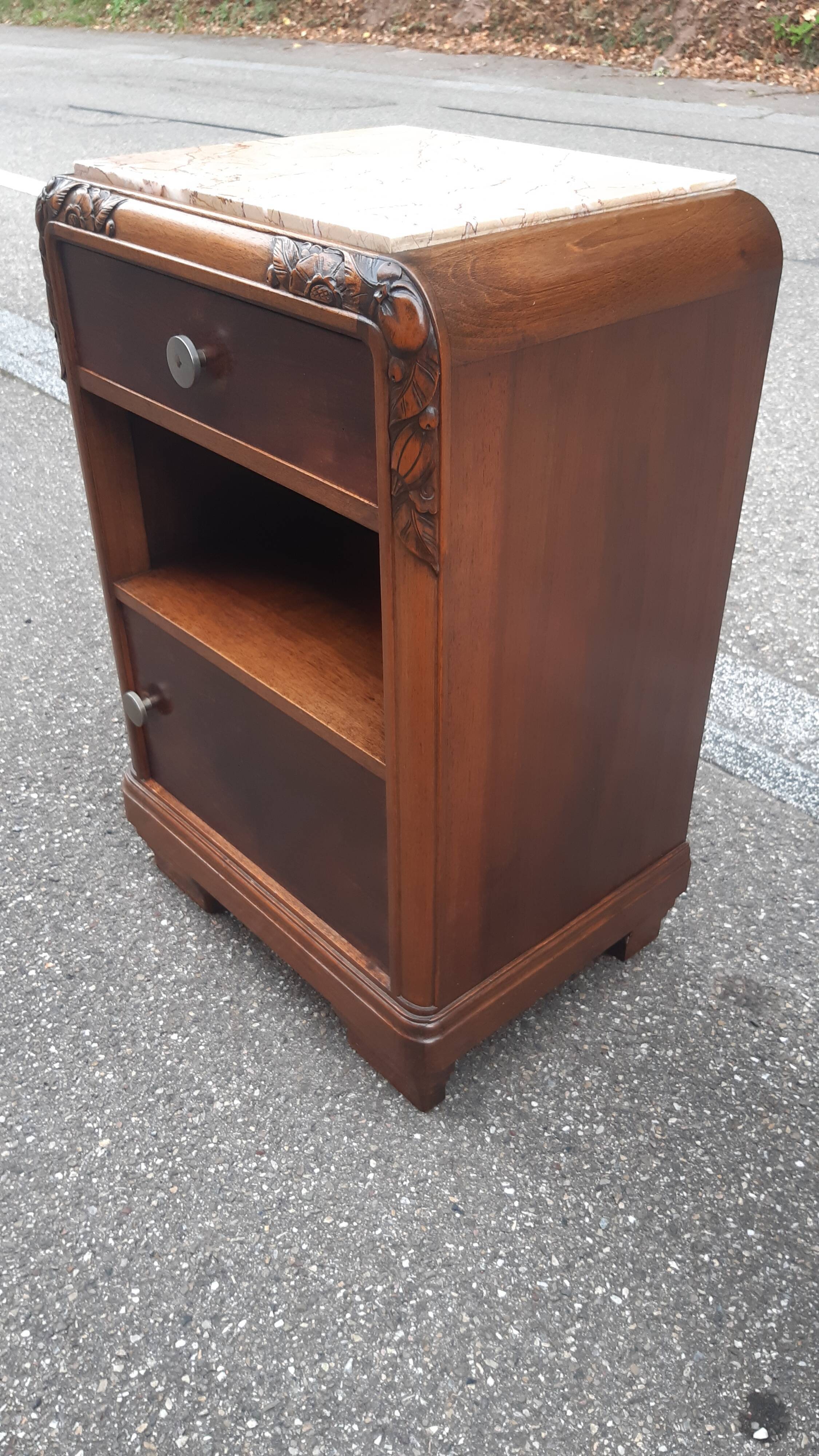 Art Deco bedside tables carved wood and marble 1930