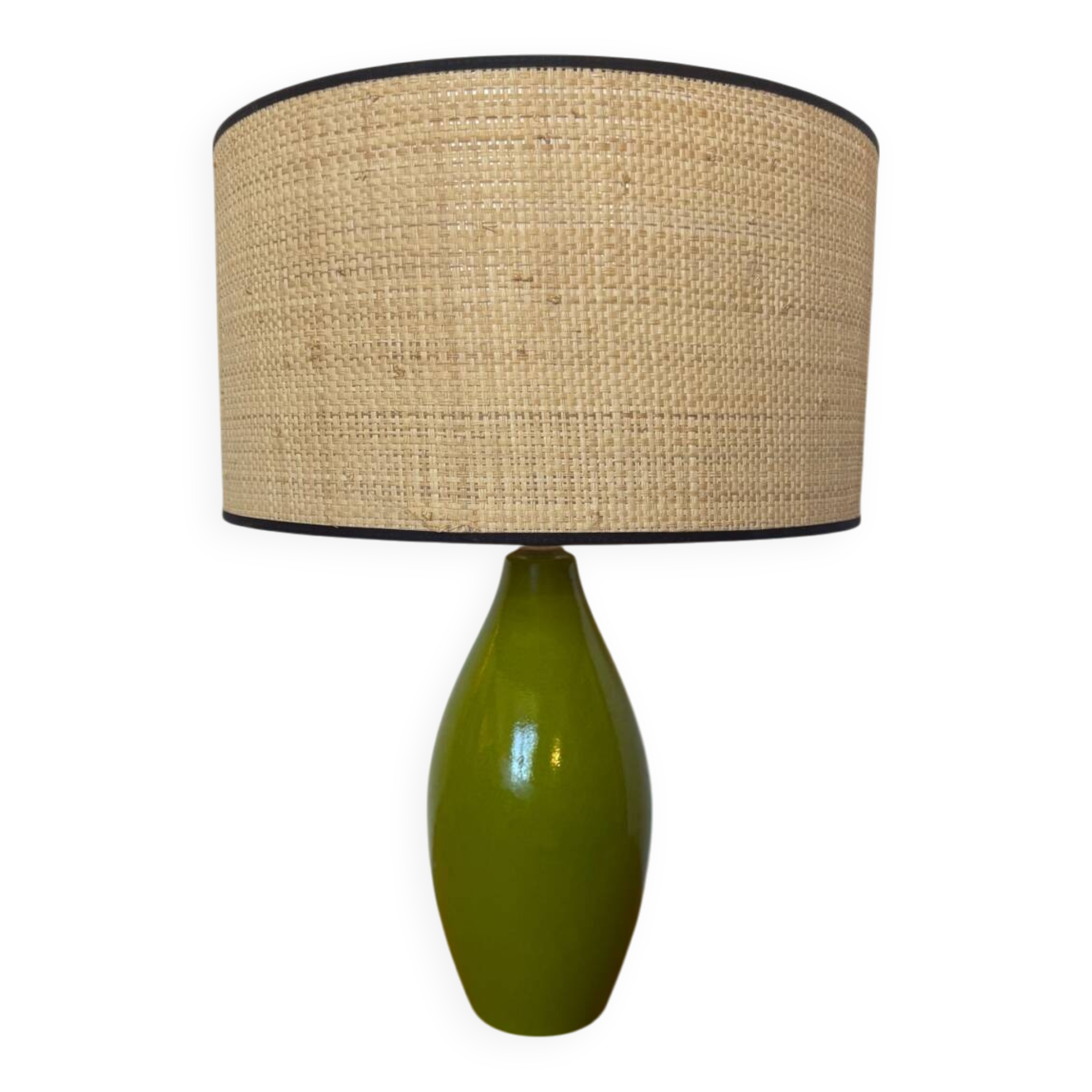 Vintage green glazed ceramic lamp and cane shade