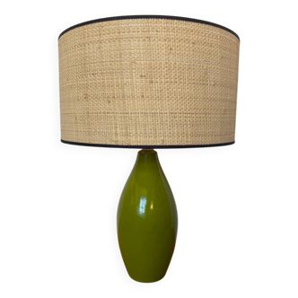 Vintage green glazed ceramic lamp and cane shade