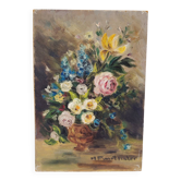Oil on panel, bouquet of flowers, Pinot Vialet