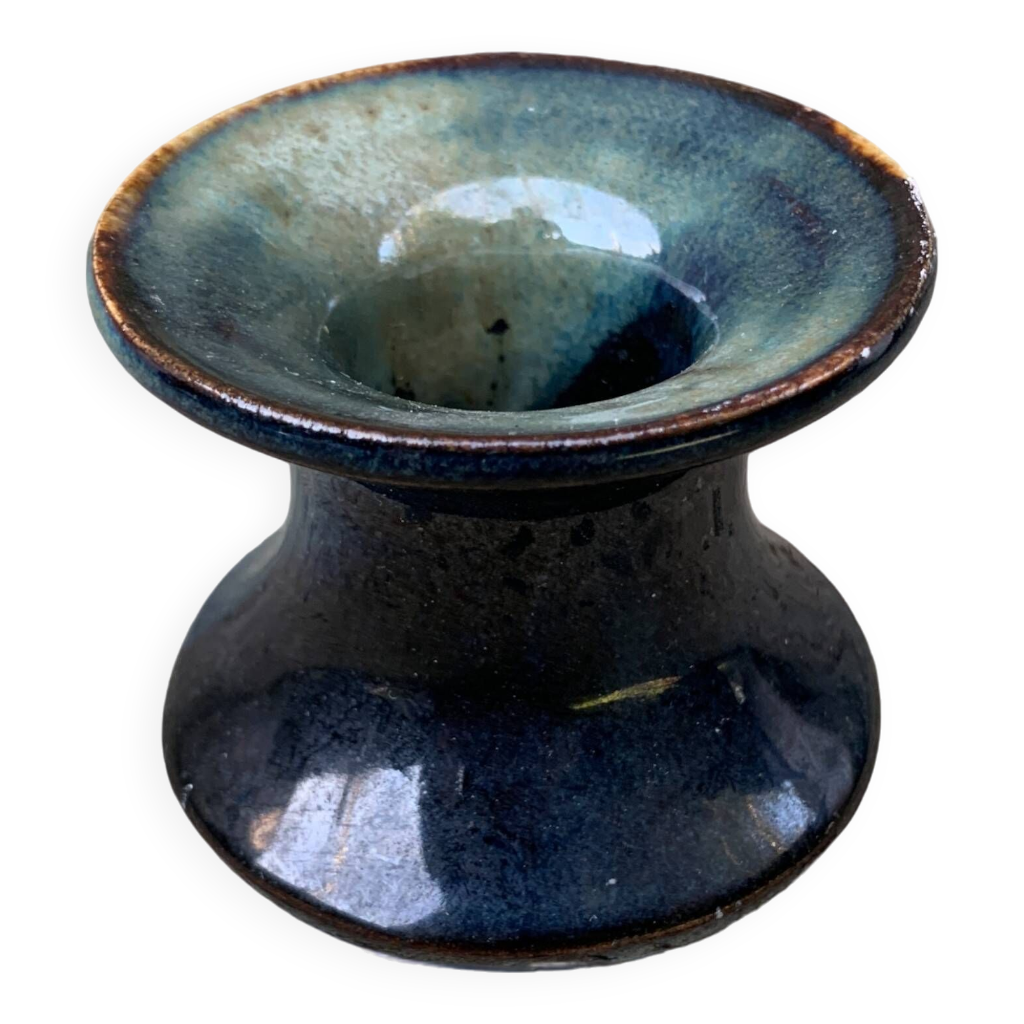 Small 6cm candle holder signed MY enameled ceramic art from France vintage old