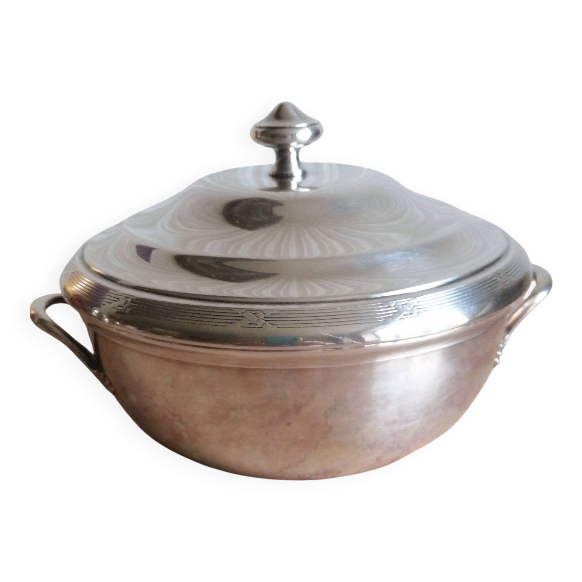 silver metal vegetable dish with crossed ribbon decoration