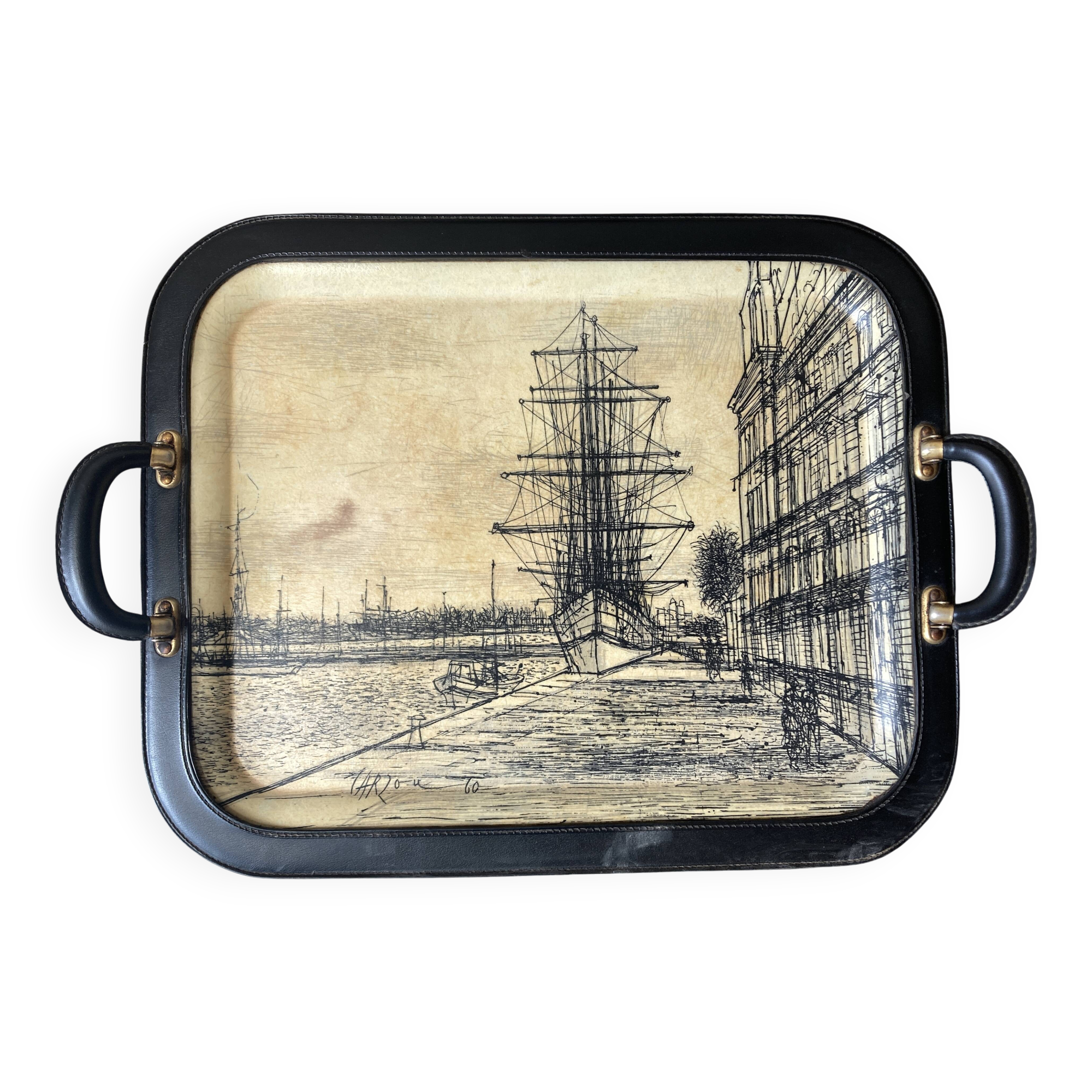 1960s Carzou Brutalist period tray, fiber and black leather