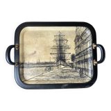 1960s Carzou Brutalist period tray, fiber and black leather