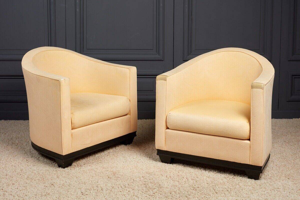 Pair of Art Deco First Time armchairs 1930 cream fabric on wooden structure