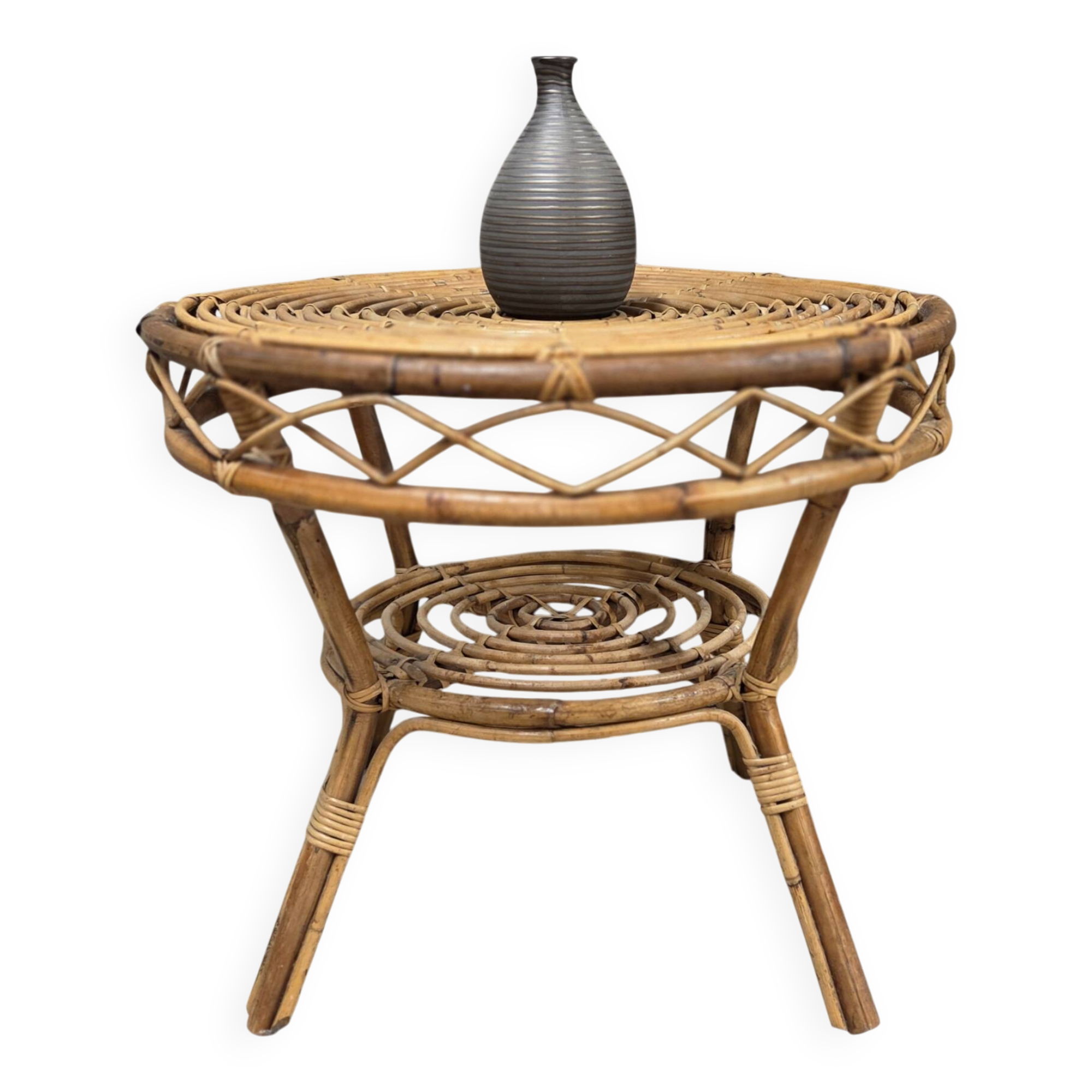 Table d’appoint ronde vintage en rotin – années 60/70