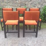 Series of 6 vintage chairs in orange fabric and black lace-up.