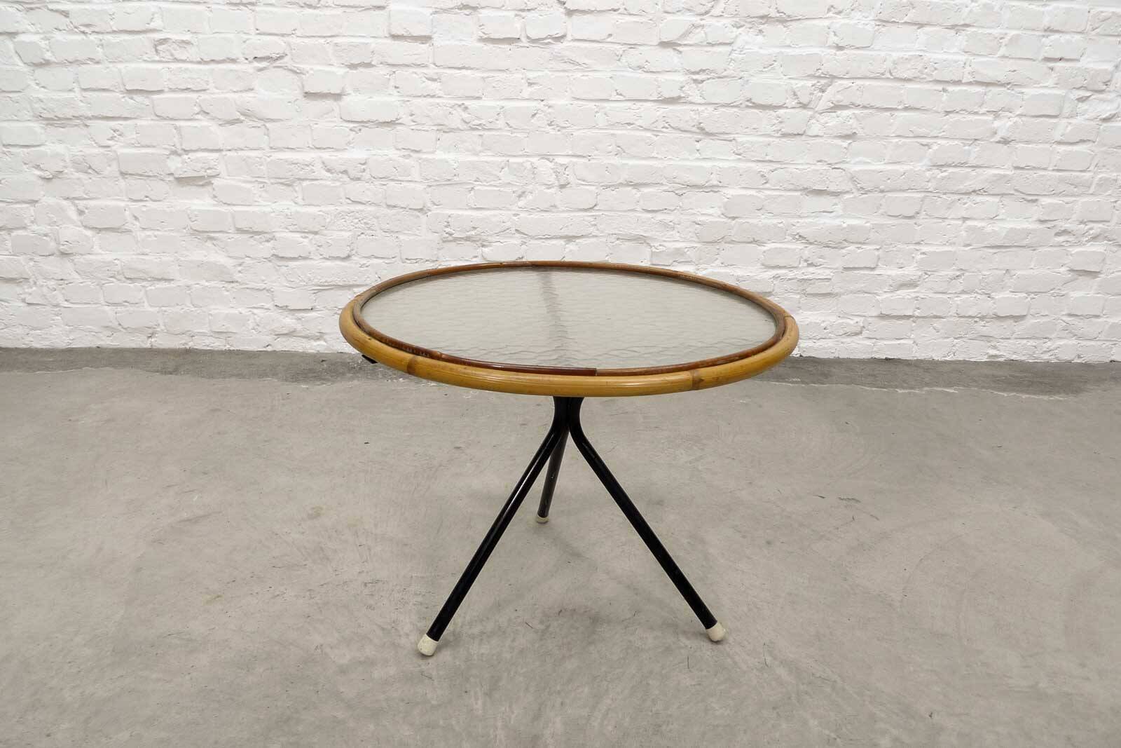 Mid-Century Set of Three Round Rattan and Glass Side Tables, 1960s