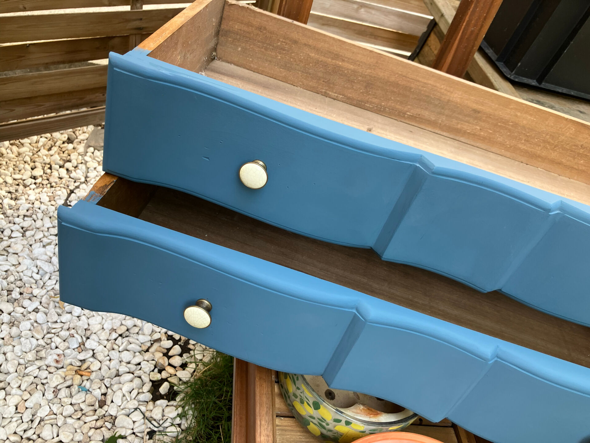 Restored antique drop-leaf secretary – natural wood & midnight blue