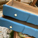 Restored antique drop-leaf secretary – natural wood & midnight blue