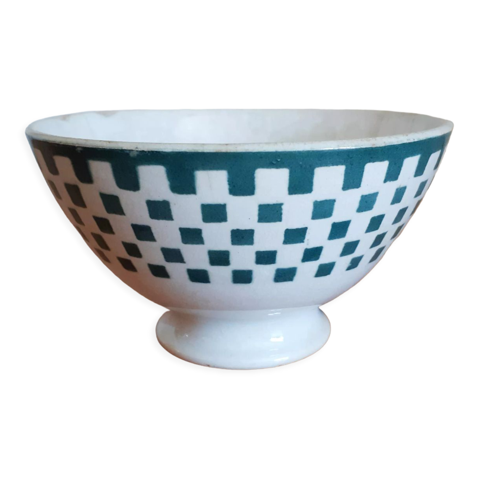 Bowl on piedouche earthenware Terre de fer, green checkerboard