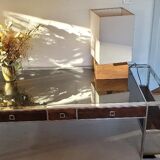 COFFEE TABLE STAINLESS STEEL, LEATHER AND WOOD. House Saulaie. Art Deco style