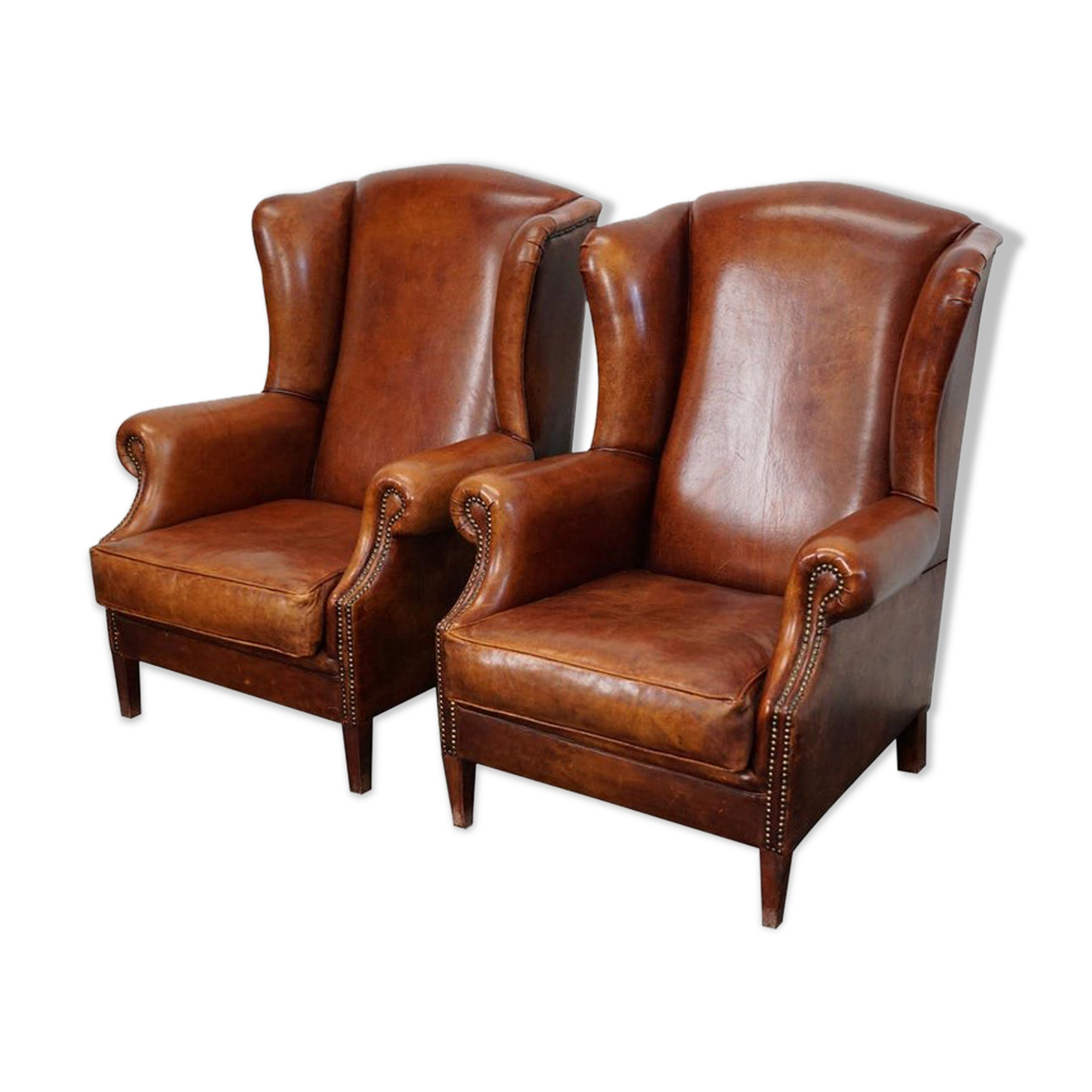 Set of 2 vintage club armchairs in cognac leather, Netherlands