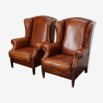 Set of 2 vintage club armchairs in cognac leather, Netherlands