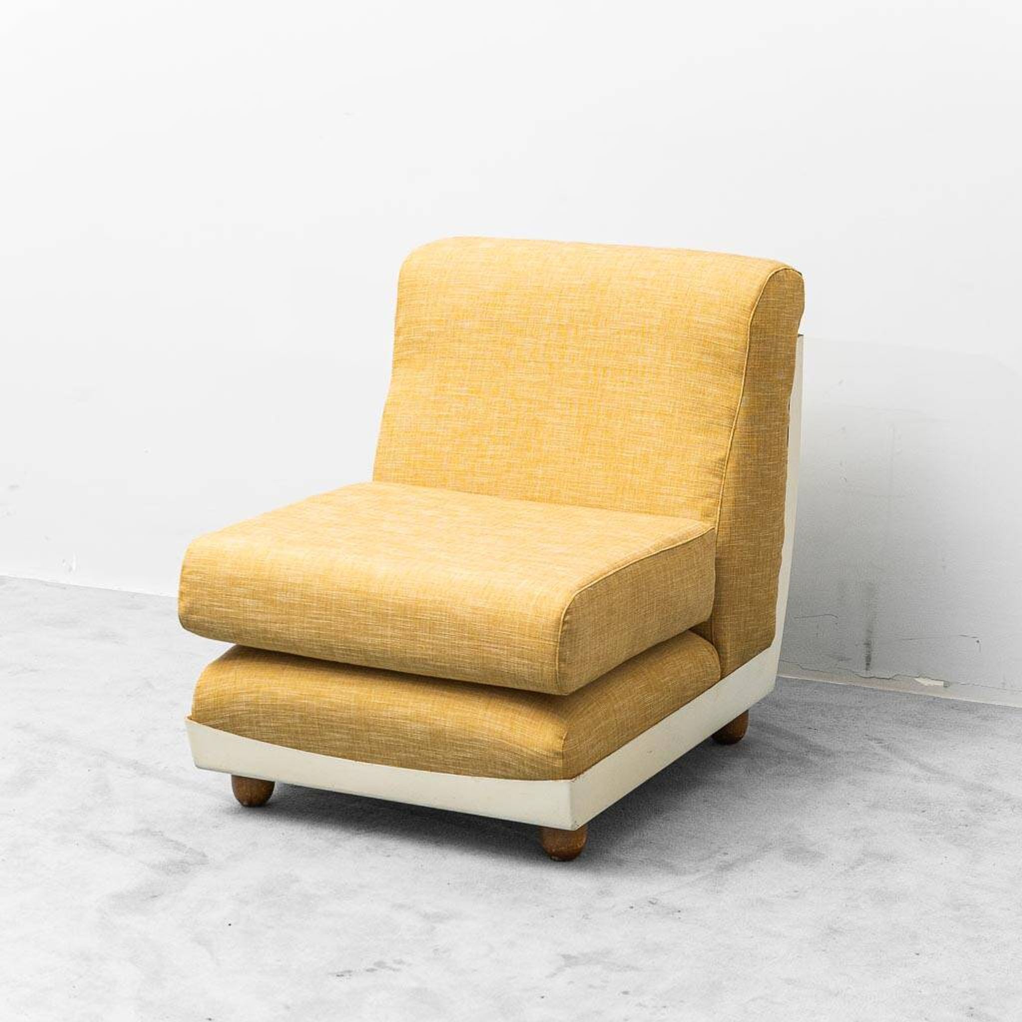 Pair of vintage yellow fabric armchairs, 1970s modernism