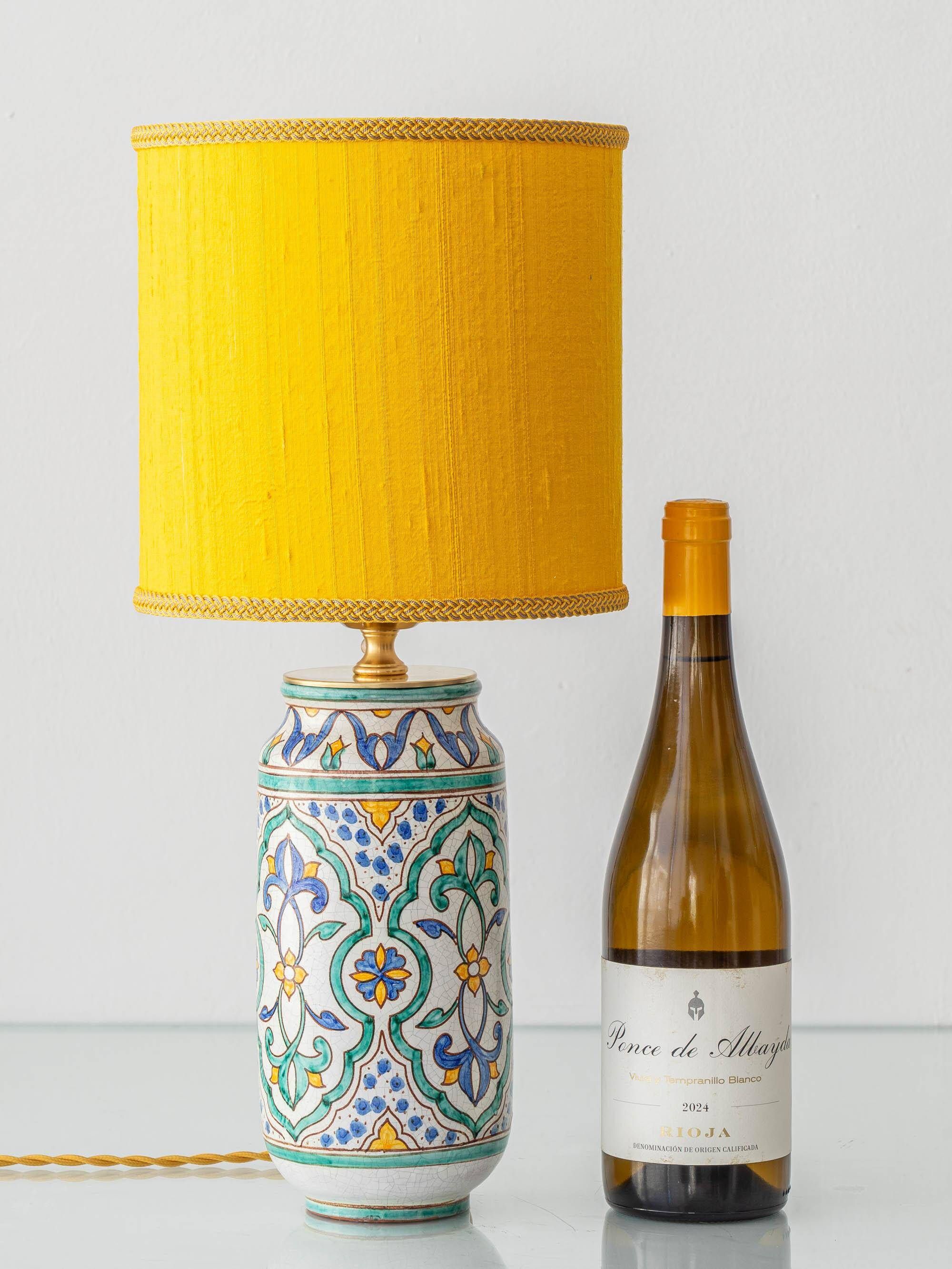 Granada Albarello Ceramic Table Lamp, Hand-Painted, New Silk Shade