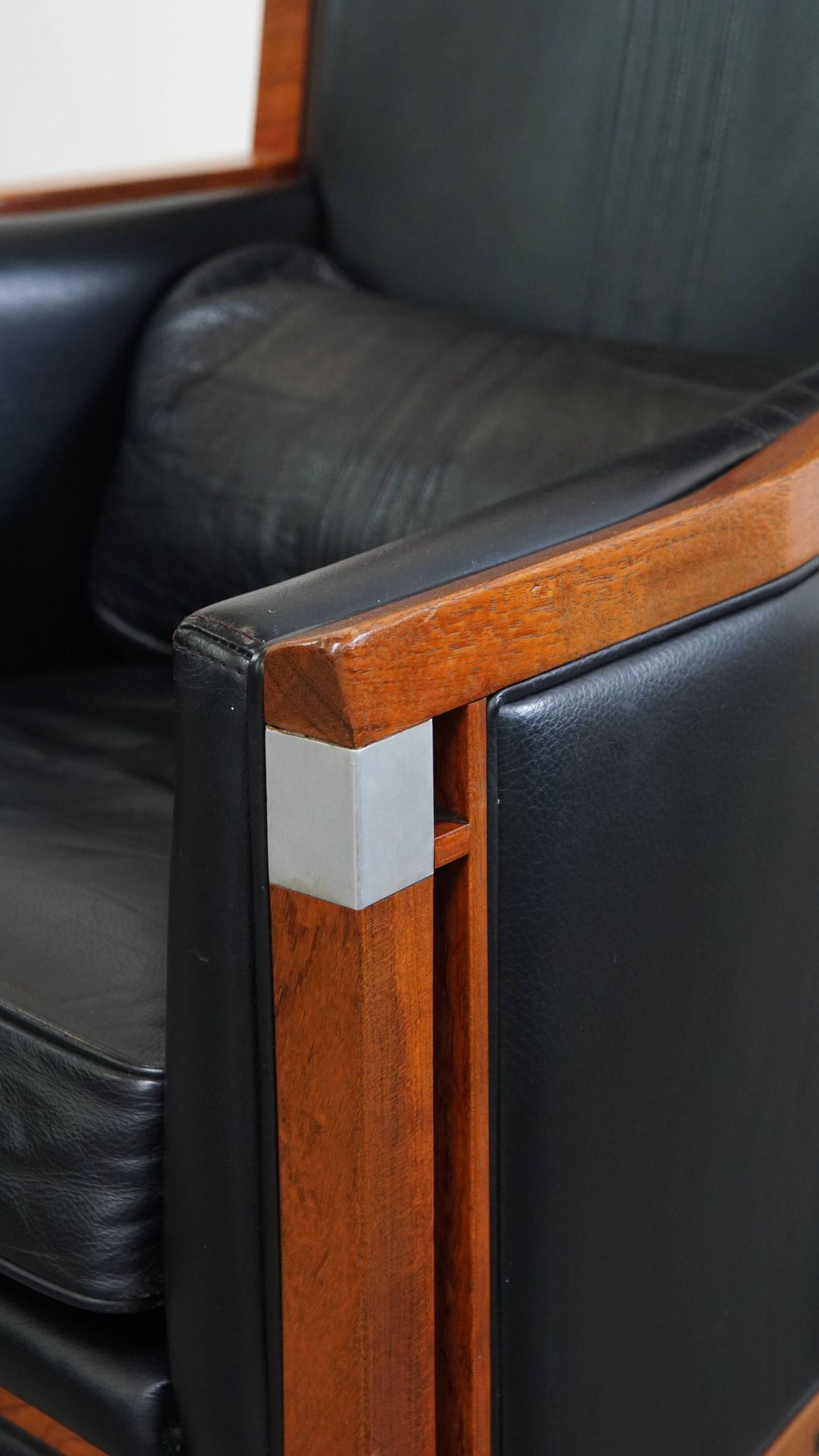 Black Cowhide Leather and Wooden Art Deco Armchair