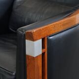 Black Cowhide Leather and Wooden Art Deco Armchair