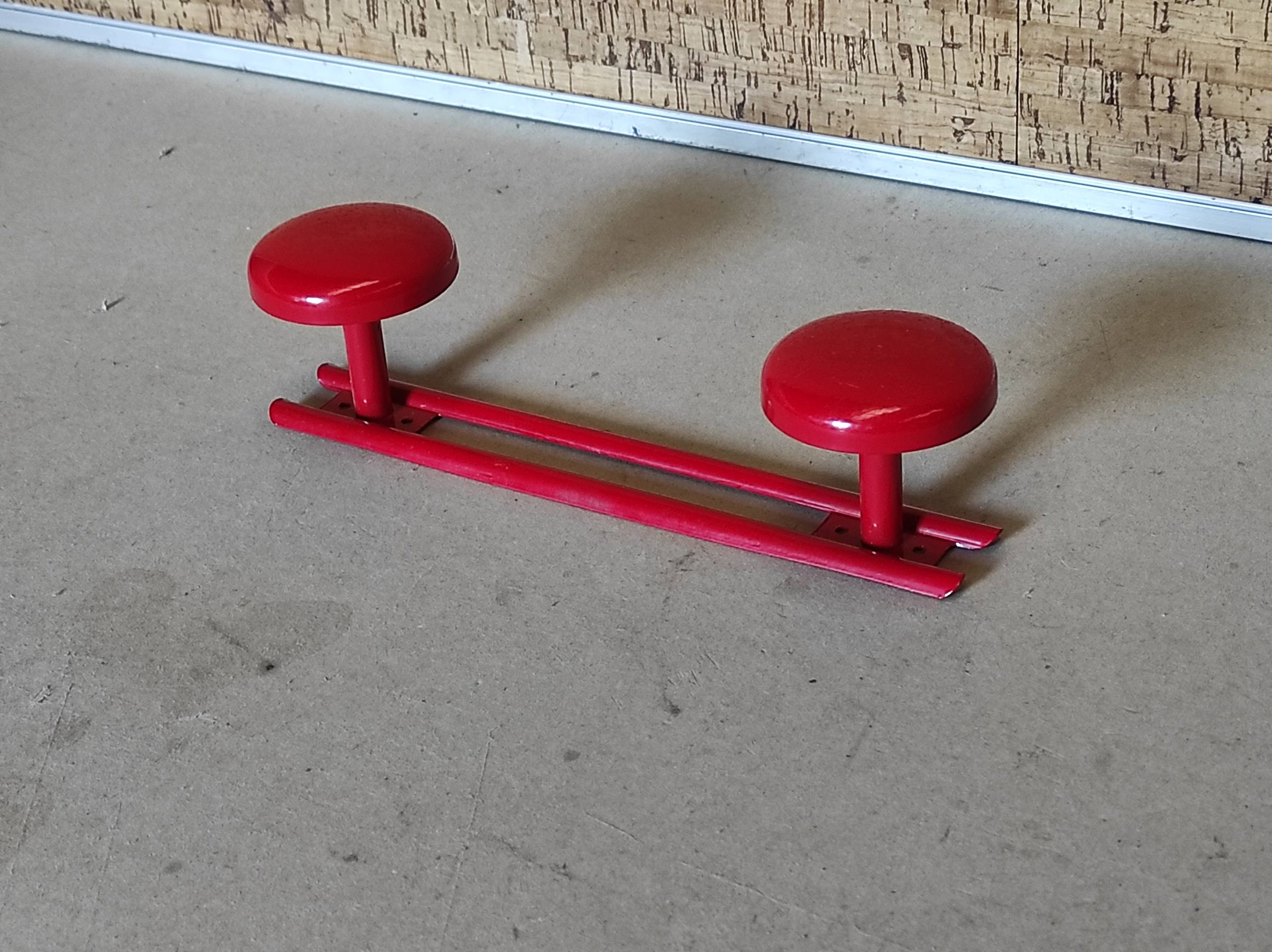 Old vintage wall coat rack 2 round metal hooks lacquered red new